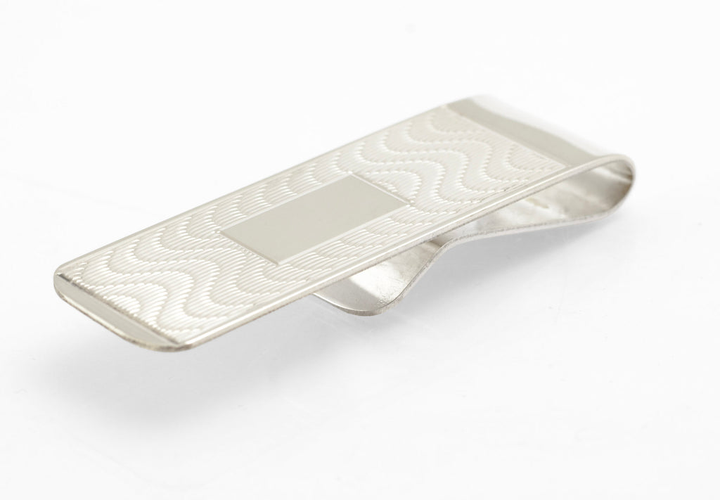 Sterling Silver Money Clip - Engine Turned - Engravable Cartouche - Birmingham Hallmarked - C2972