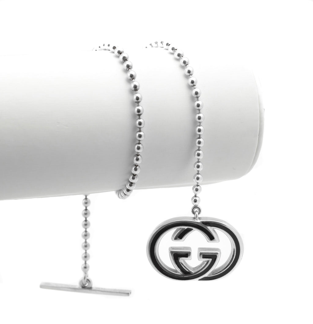 Vintage Gucci Sterling Silver Double G Necklace - Black Enamel - T-Bar - Wrap Bracelet - c.1990s - C2973
