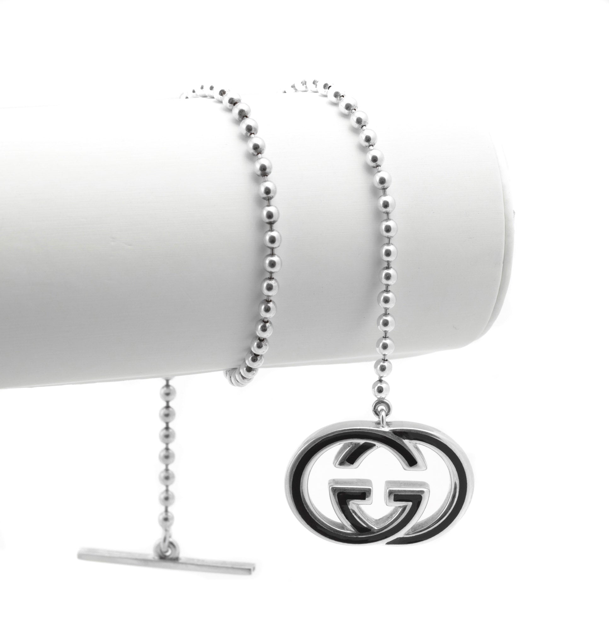 Vintage Gucci Sterling Silver Double G Necklace - Black Enamel - T-Bar - Wrap Bracelet - c.1990s - C2973