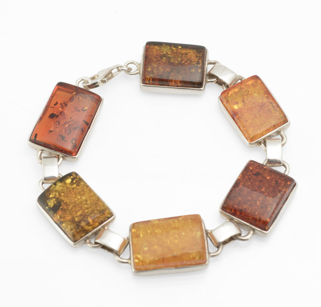 Vintage Sterling Silver Baltic Amber Panel Bracelet - Handmade - Articulated - Polish Hallmark - C2975