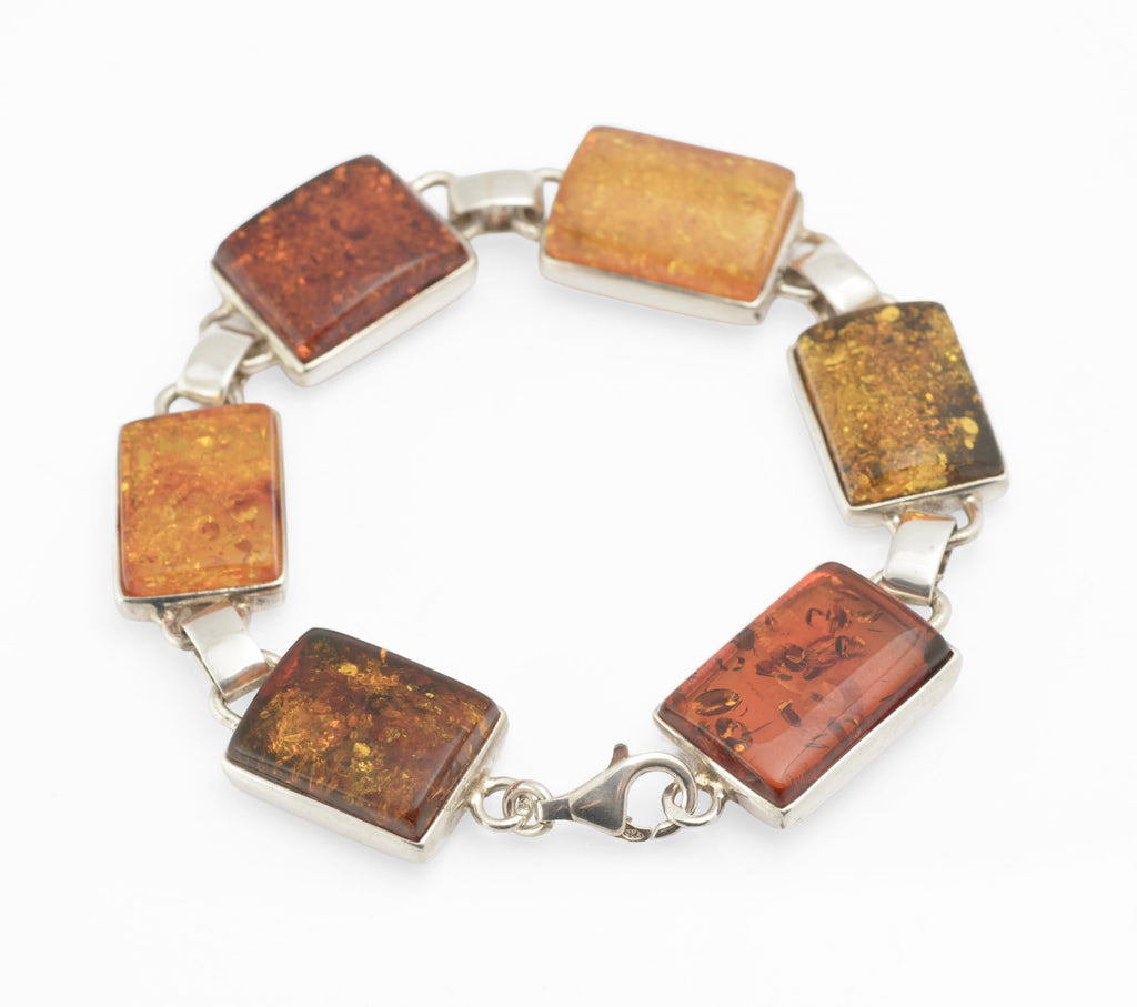 Vintage Sterling Silver Baltic Amber Panel Bracelet - Handmade - Articulated - Polish Hallmark - C2975