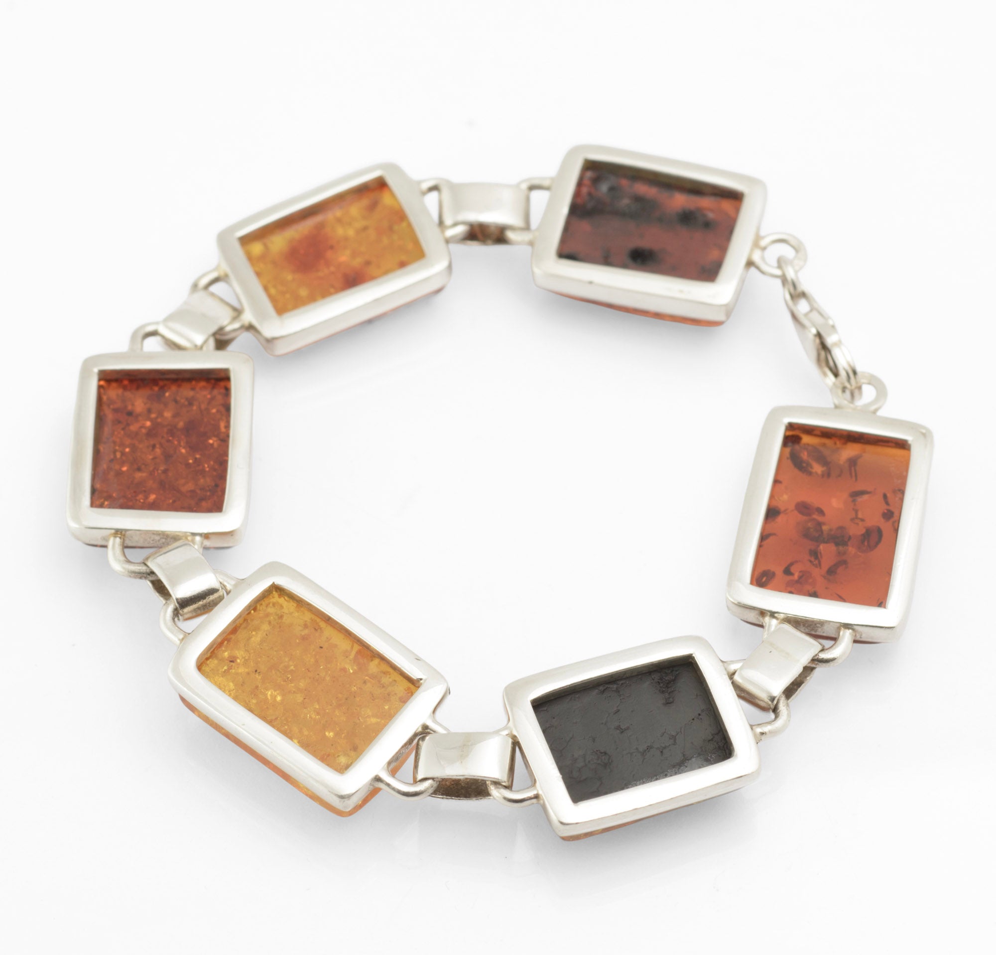 Vintage Sterling Silver Baltic Amber Panel Bracelet - Handmade - Articulated - Polish Hallmark - C2975