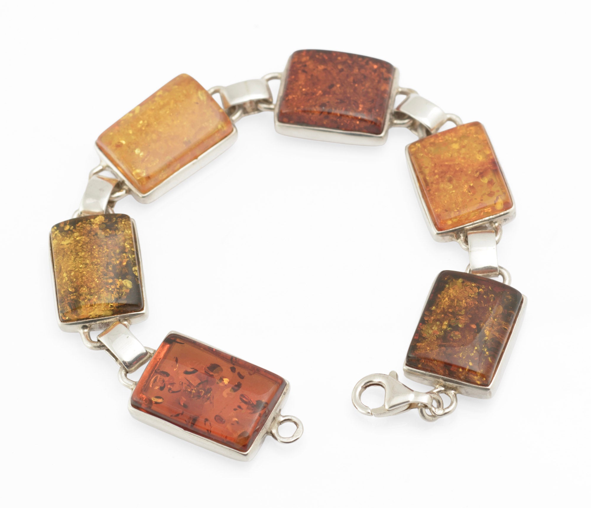 Vintage Sterling Silver Baltic Amber Panel Bracelet - Handmade - Articulated - Polish Hallmark - C2975