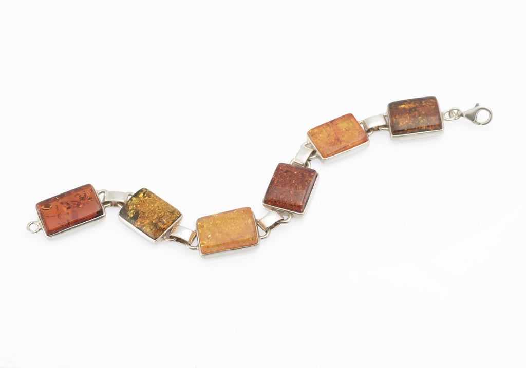Vintage Sterling Silver Baltic Amber Panel Bracelet - Handmade - Articulated - Polish Hallmark - C2975
