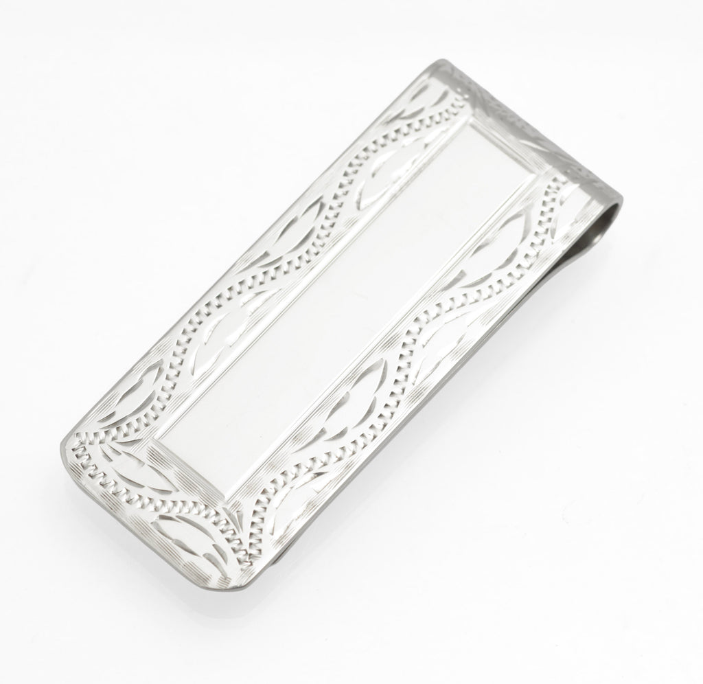 Sterling Silver Money Clip - Patterned - Engravable - W I Broadway & Co - Birmingham 2005 - C2978
