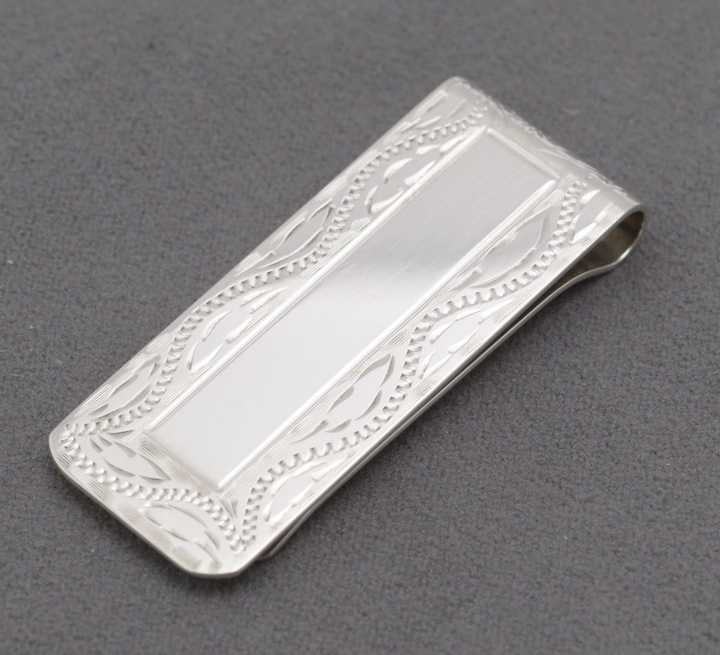 Sterling Silver Money Clip - Patterned - Engravable - W I Broadway & Co - Birmingham 2005 - C2978