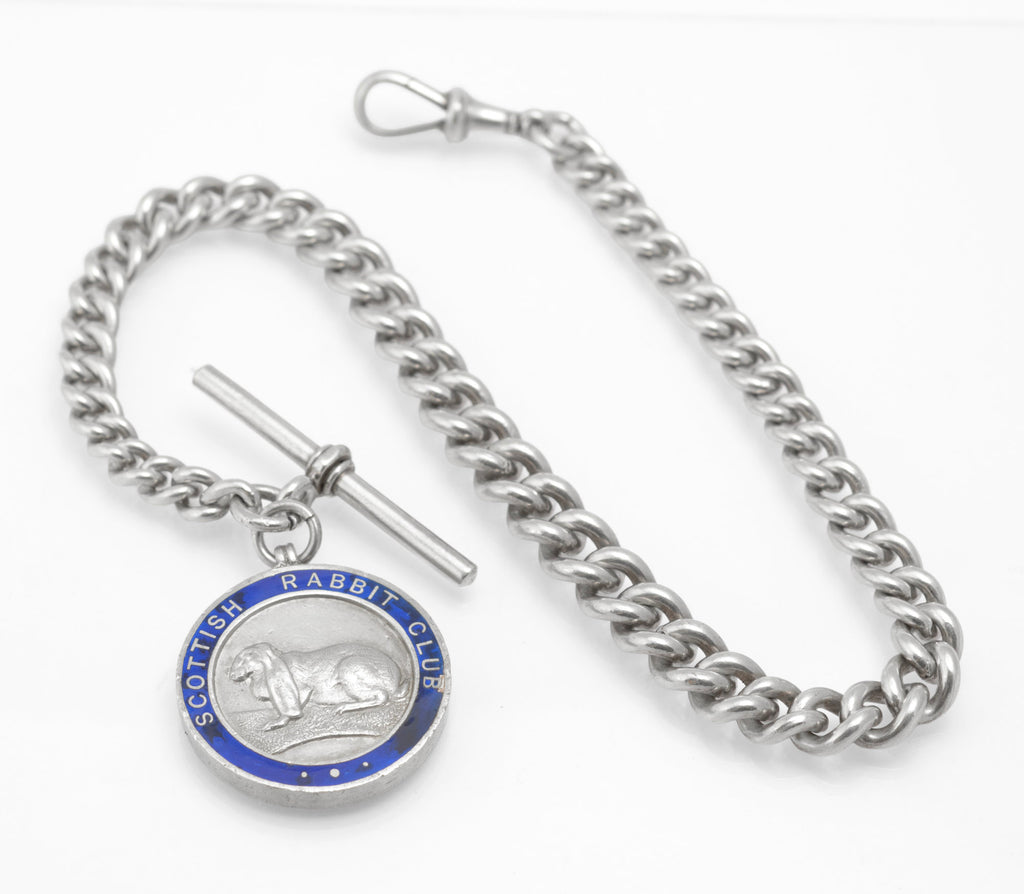 Antique Sterling Silver Graduated Albert Watch Chain - Scottish Rabbit Club Enamel Fob Medal - 1896 & 1910 - C2980