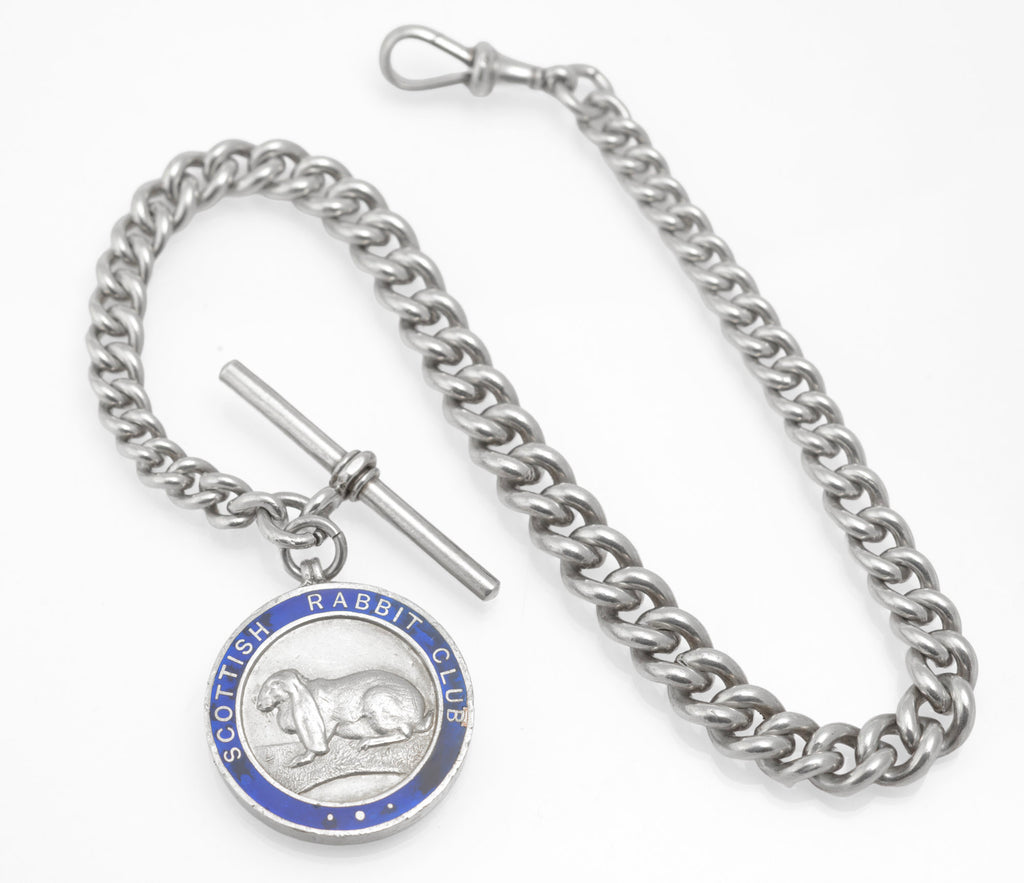 Antique Sterling Silver Graduated Albert Watch Chain - Scottish Rabbit Club Enamel Fob Medal - 1896 & 1910 - C2980