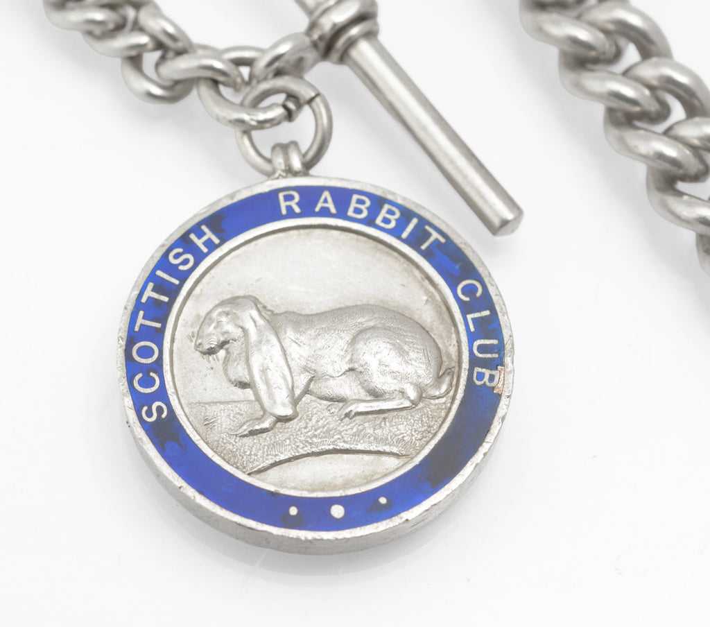 Antique Sterling Silver Graduated Albert Watch Chain - Scottish Rabbit Club Enamel Fob Medal - 1896 & 1910 - C2980