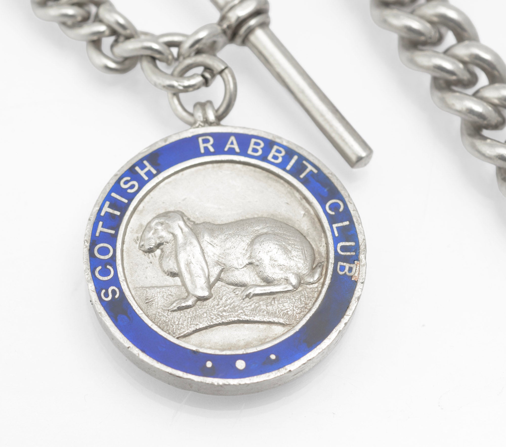 Antique Sterling Silver Graduated Albert Watch Chain - Scottish Rabbit Club Enamel Fob Medal - 1896 & 1910 - C2980