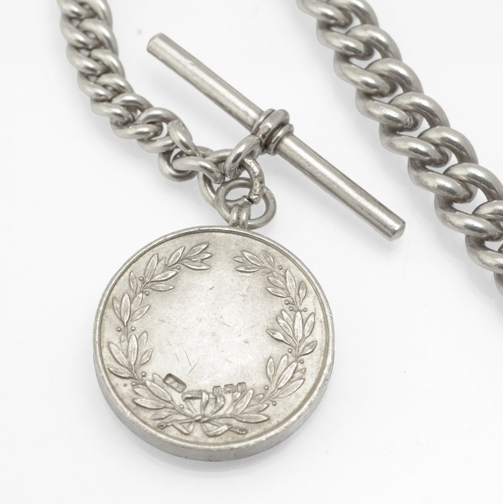 Antique Sterling Silver Graduated Albert Watch Chain - Scottish Rabbit Club Enamel Fob Medal - 1896 & 1910 - C2980