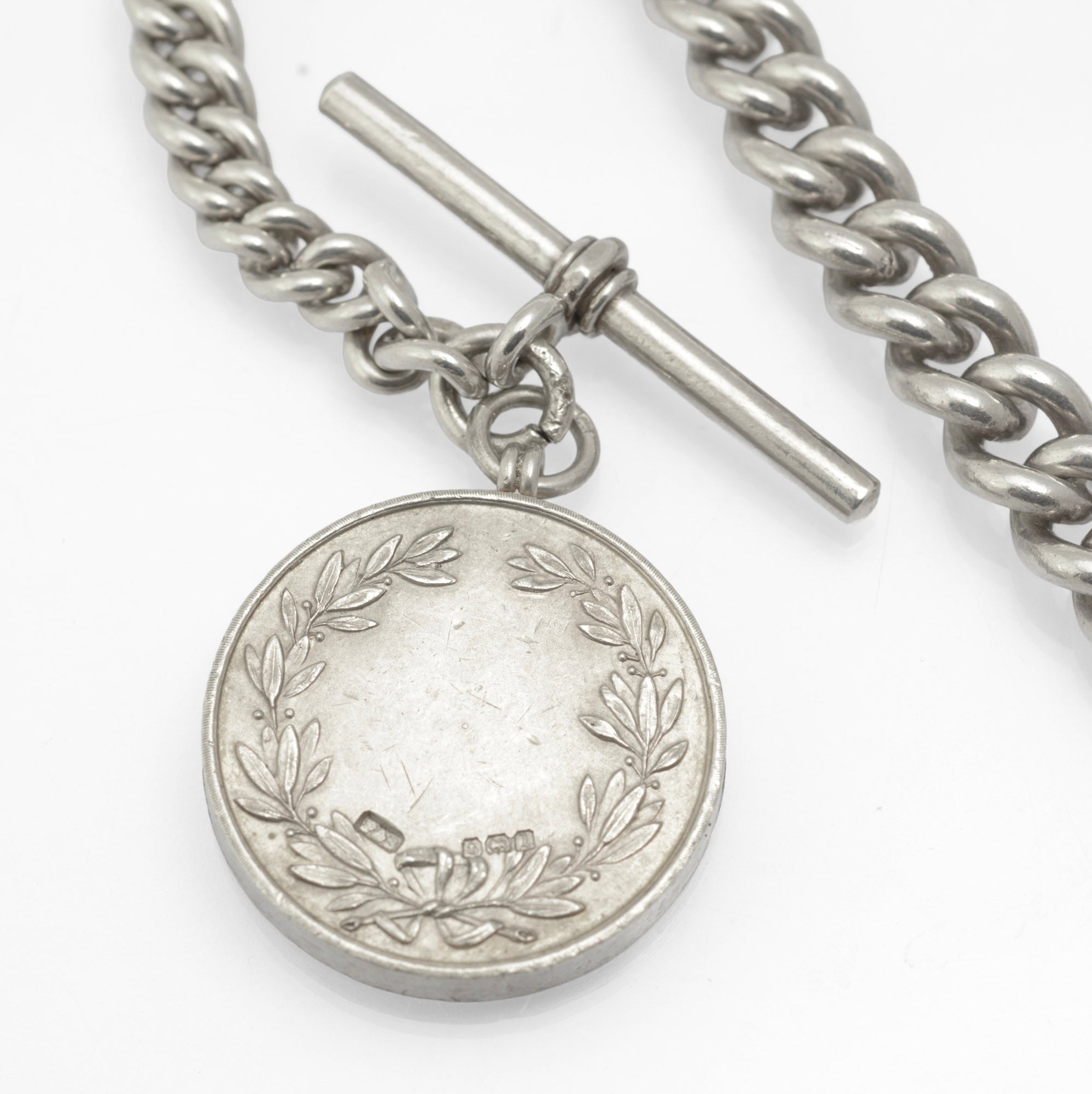 Antique Sterling Silver Graduated Albert Watch Chain - Scottish Rabbit Club Enamel Fob Medal - 1896 & 1910 - C2980
