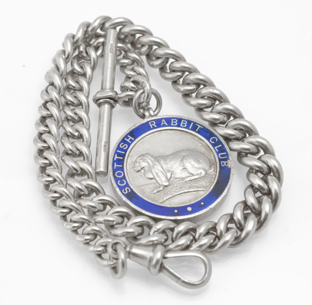 Antique Sterling Silver Graduated Albert Watch Chain - Scottish Rabbit Club Enamel Fob Medal - 1896 & 1910 - C2980