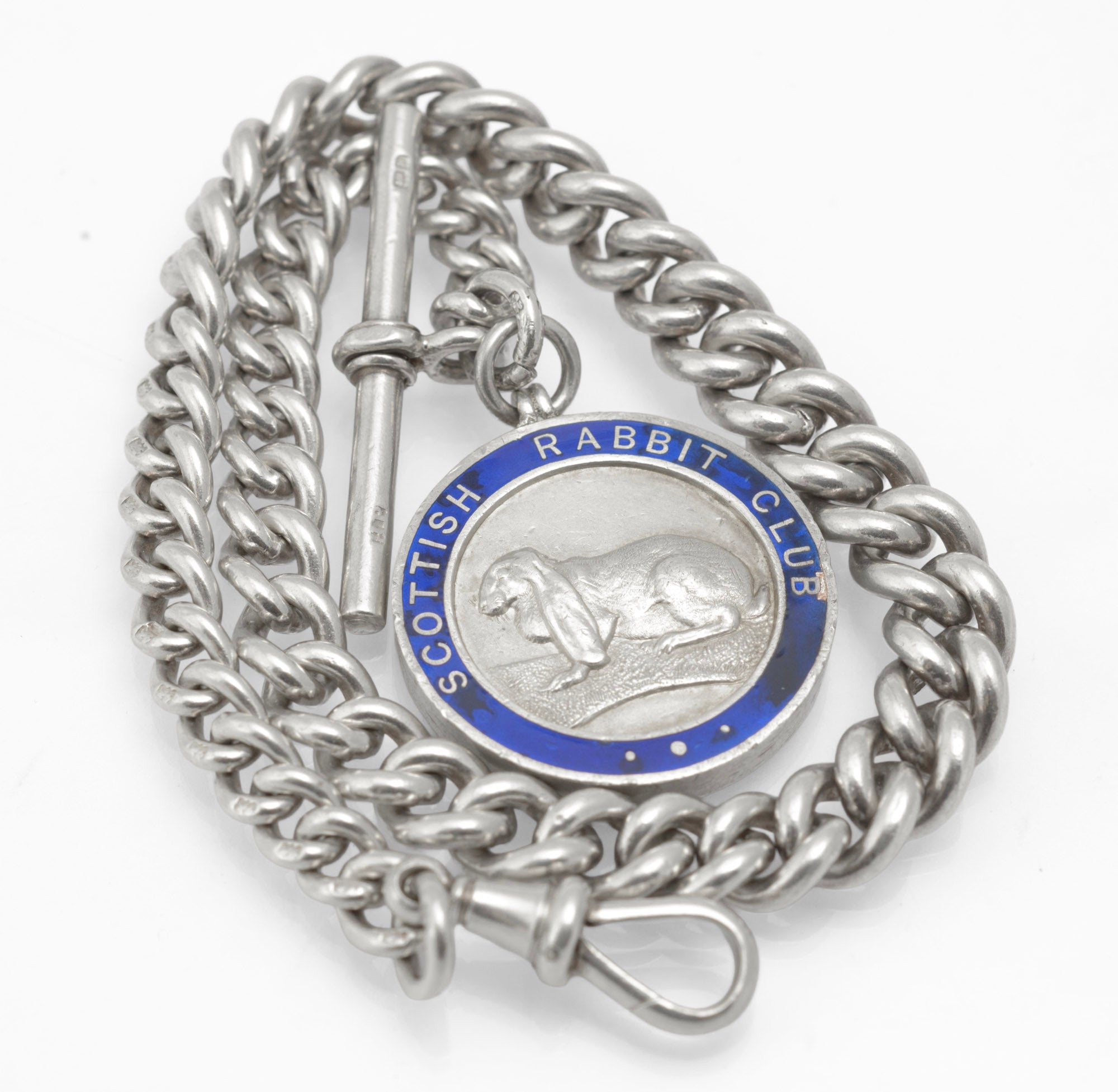 Antique Sterling Silver Graduated Albert Watch Chain - Scottish Rabbit Club Enamel Fob Medal - 1896 & 1910 - C2980