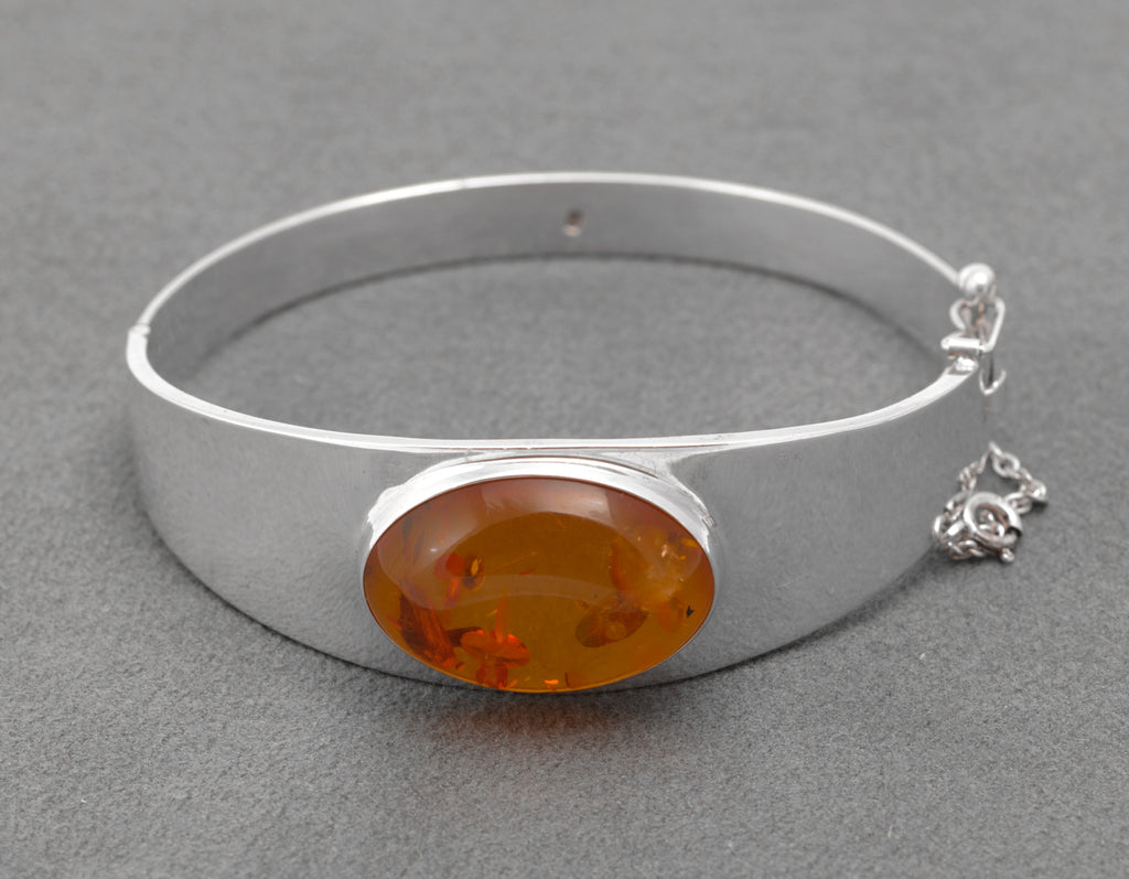 Vintage Sterling Silver and Amber Bangle - Sliding Box Clasp - 1980s - C2984