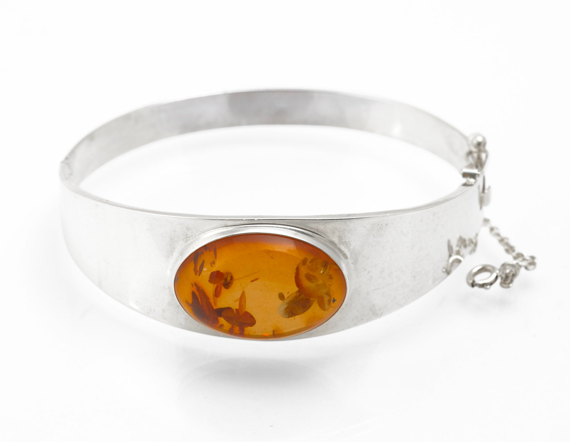 Vintage Sterling Silver and Amber Bangle - open clasp showing sliding box mechanism and safety chain