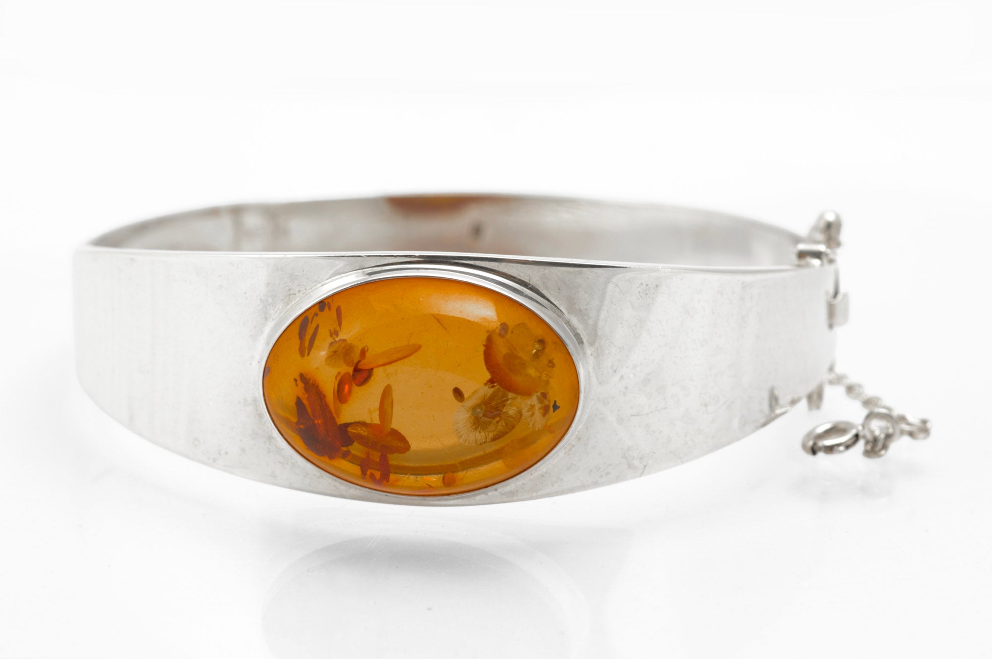 Vintage Sterling Silver and Amber Bangle - front view on white background showing full band