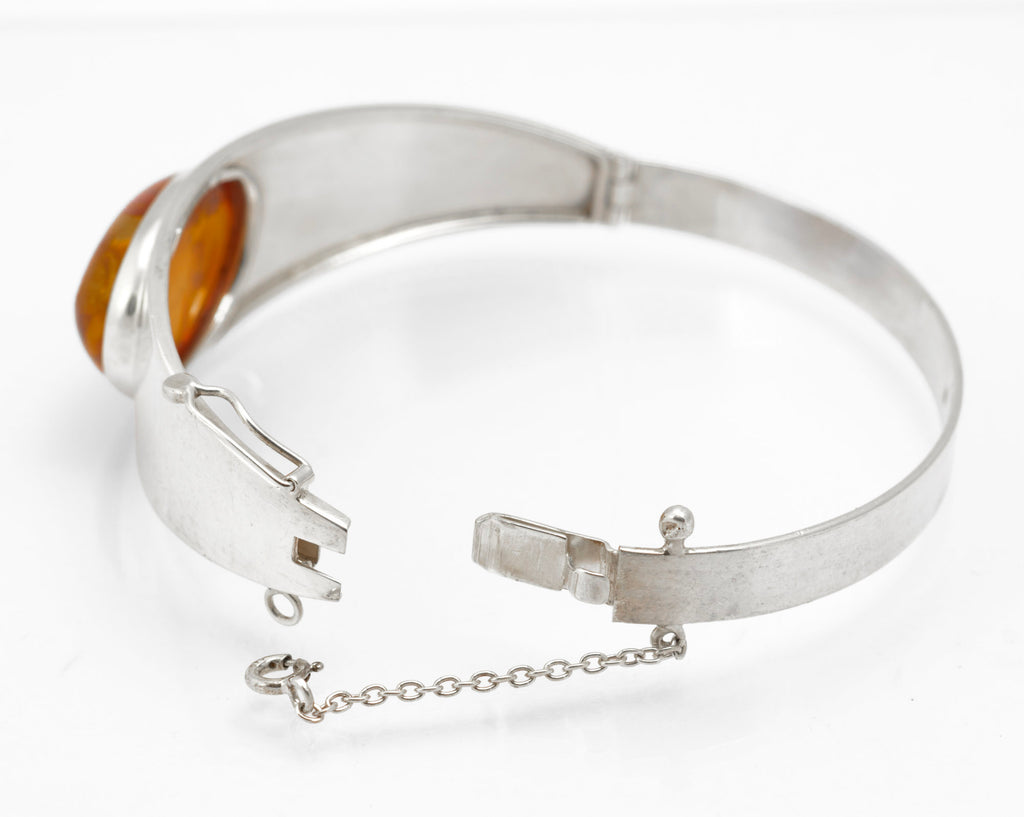 Vintage Sterling Silver and Amber Bangle - additional front view showing amber inclusions