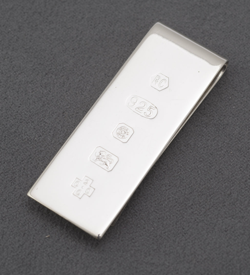 Sterling silver money clip by Carr's of Sheffield - hallmark face showing RC maker's mark, 925, Sheffield assay and Millennium marks