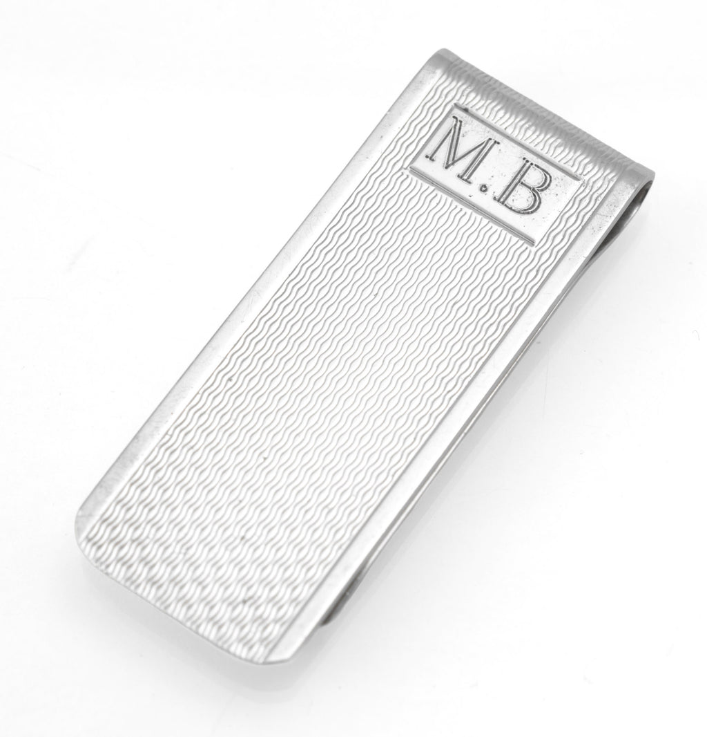 Vintage Sterling Silver Engine Turned Money Clip - reverse showing Birmingham hallmarks and B & Co maker's mark