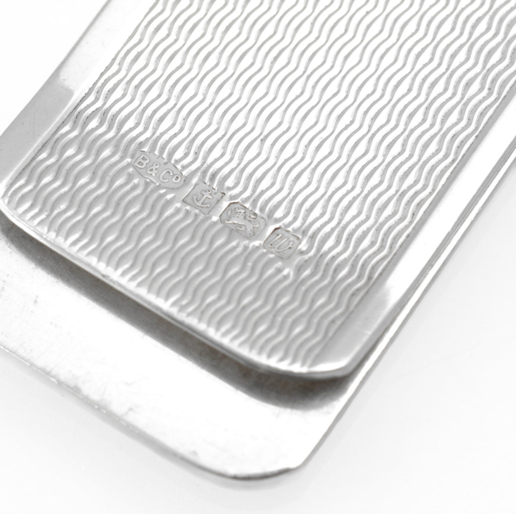 Vintage Sterling Silver Engine Turned Money Clip - front view showing engraved initials M.B in rectangular cartouche