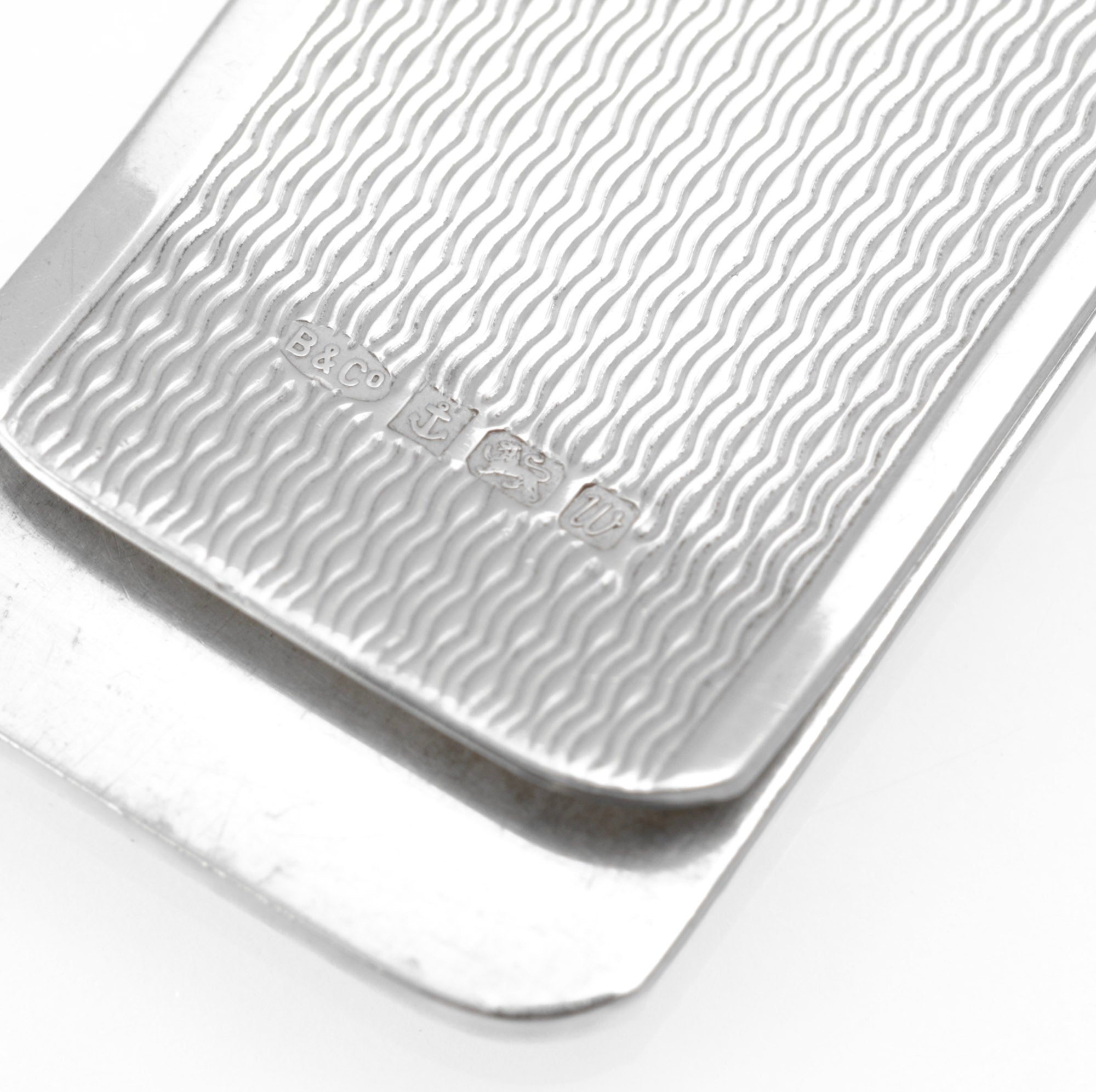 Vintage Sterling Silver Engine Turned Money Clip - front view showing engraved initials M.B in rectangular cartouche