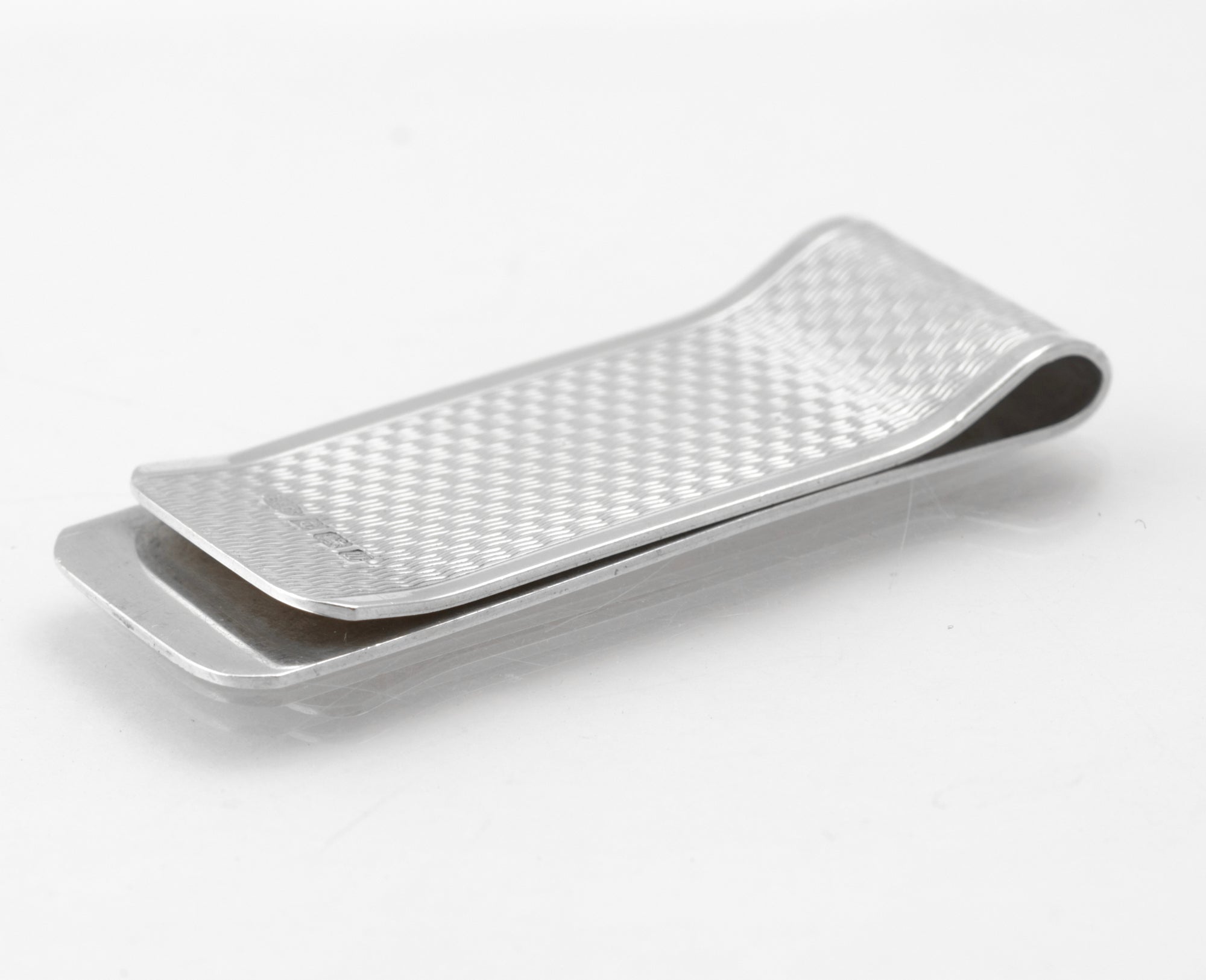 Vintage Sterling Silver Engine Turned Money Clip - front flat view showing full engine turned decoration and M.B initials