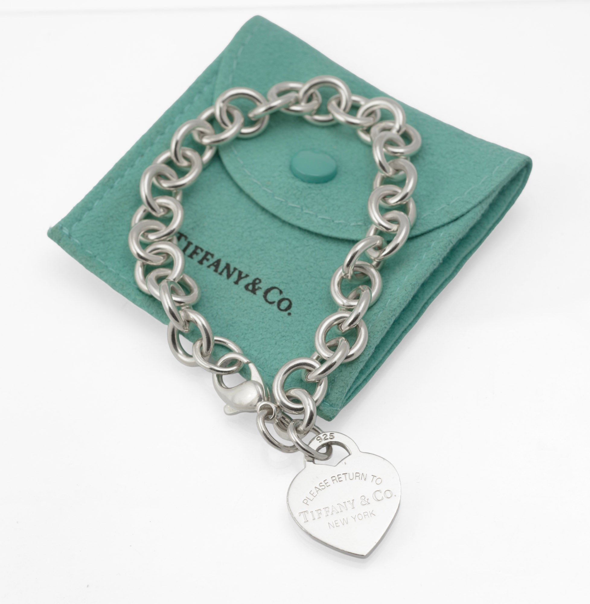 Tiffany & Co Return to Tiffany Sterling Silver Heart Tag Bracelet - displayed on original Tiffany pouch