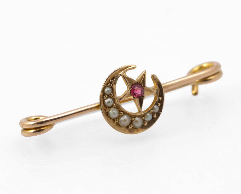 Antique Victorian 9ct gold honeymoon brooch - reverse showing pin fitting and 9ct M B & Co mark