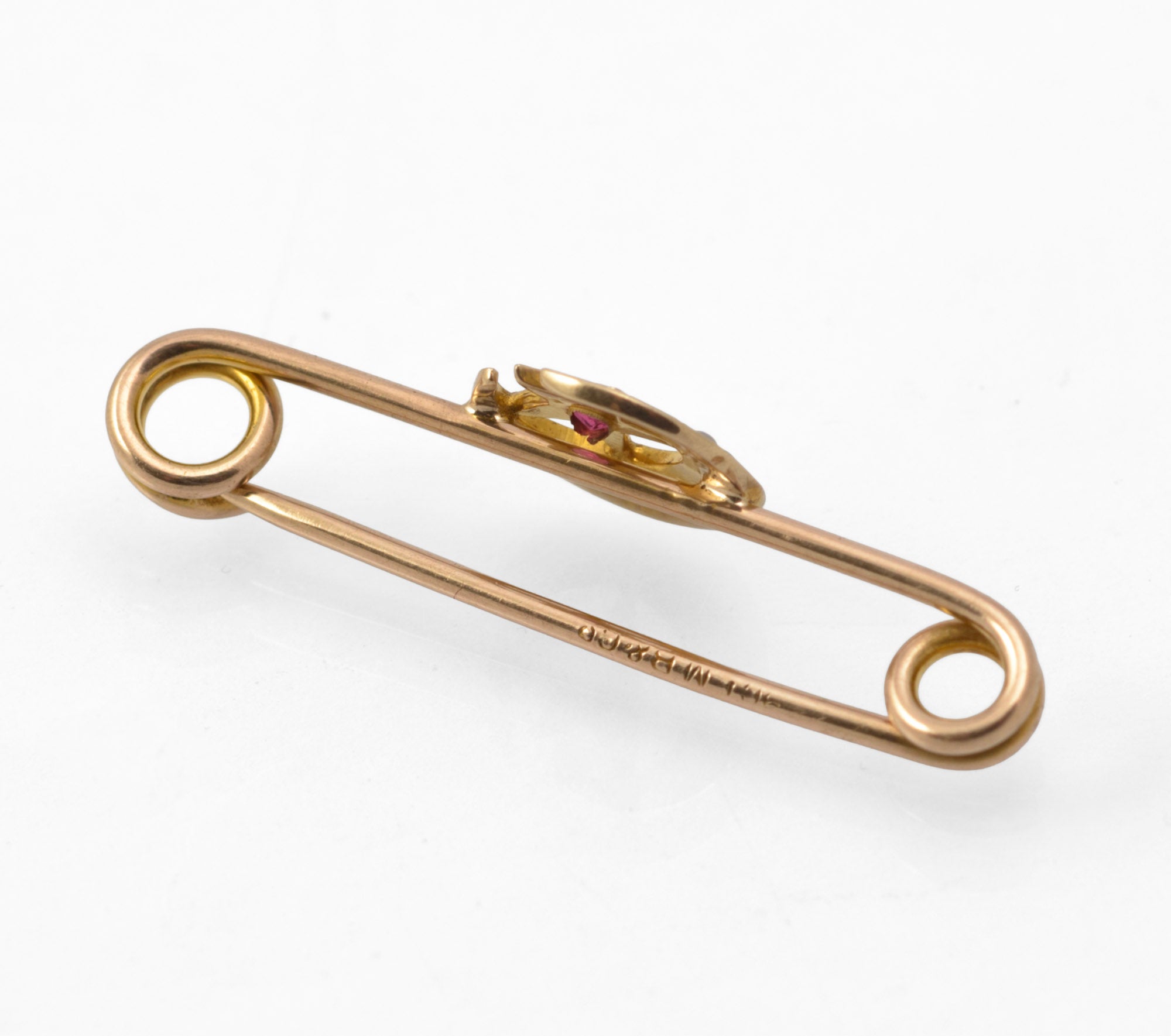 Antique Victorian 9ct gold honeymoon brooch - reverse angle showing M B & Co mark on pin