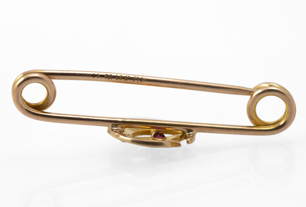 Antique Victorian 9ct gold honeymoon brooch - three-quarter reverse view showing construction and pin fitting