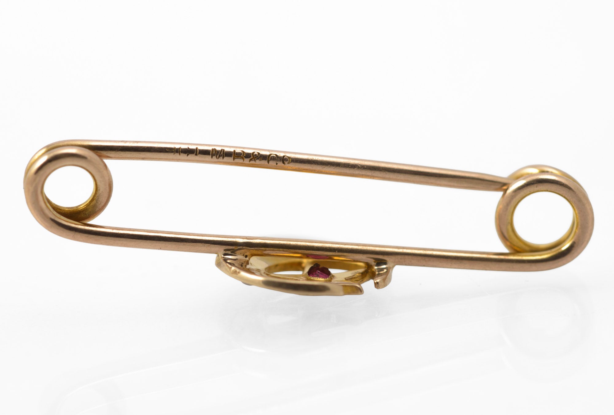 Antique Victorian 9ct gold honeymoon brooch - three-quarter reverse view showing construction and pin fitting