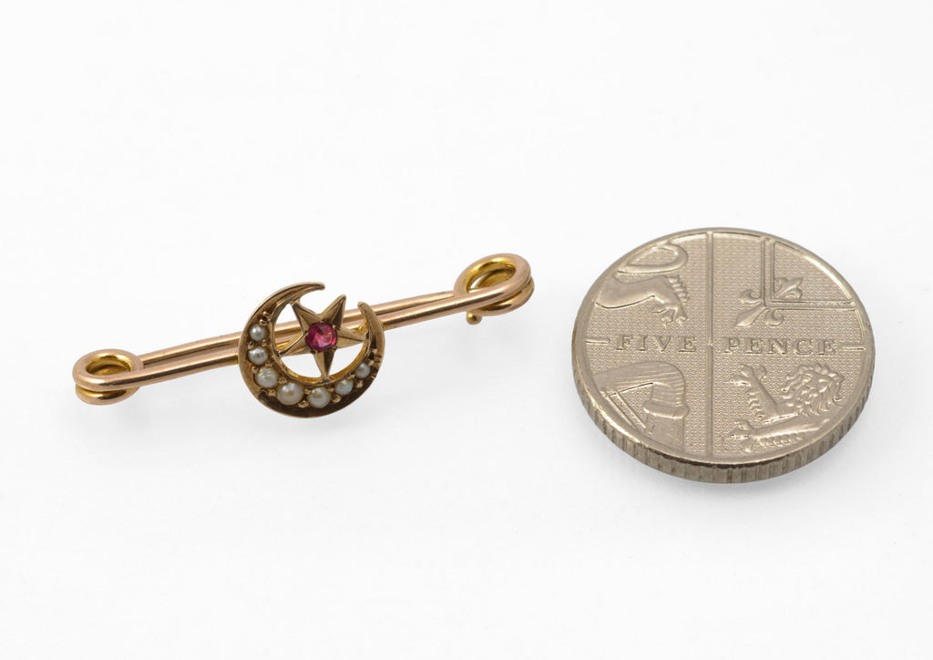 Antique Victorian 9ct gold honeymoon brooch - detail of loop terminal and bar construction