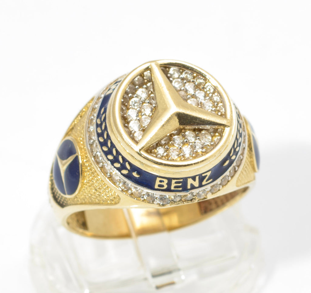 14ct Gold Mercedes-Benz Motorsport Ring - CZ & Blue Enamel - UK Size W - C2996