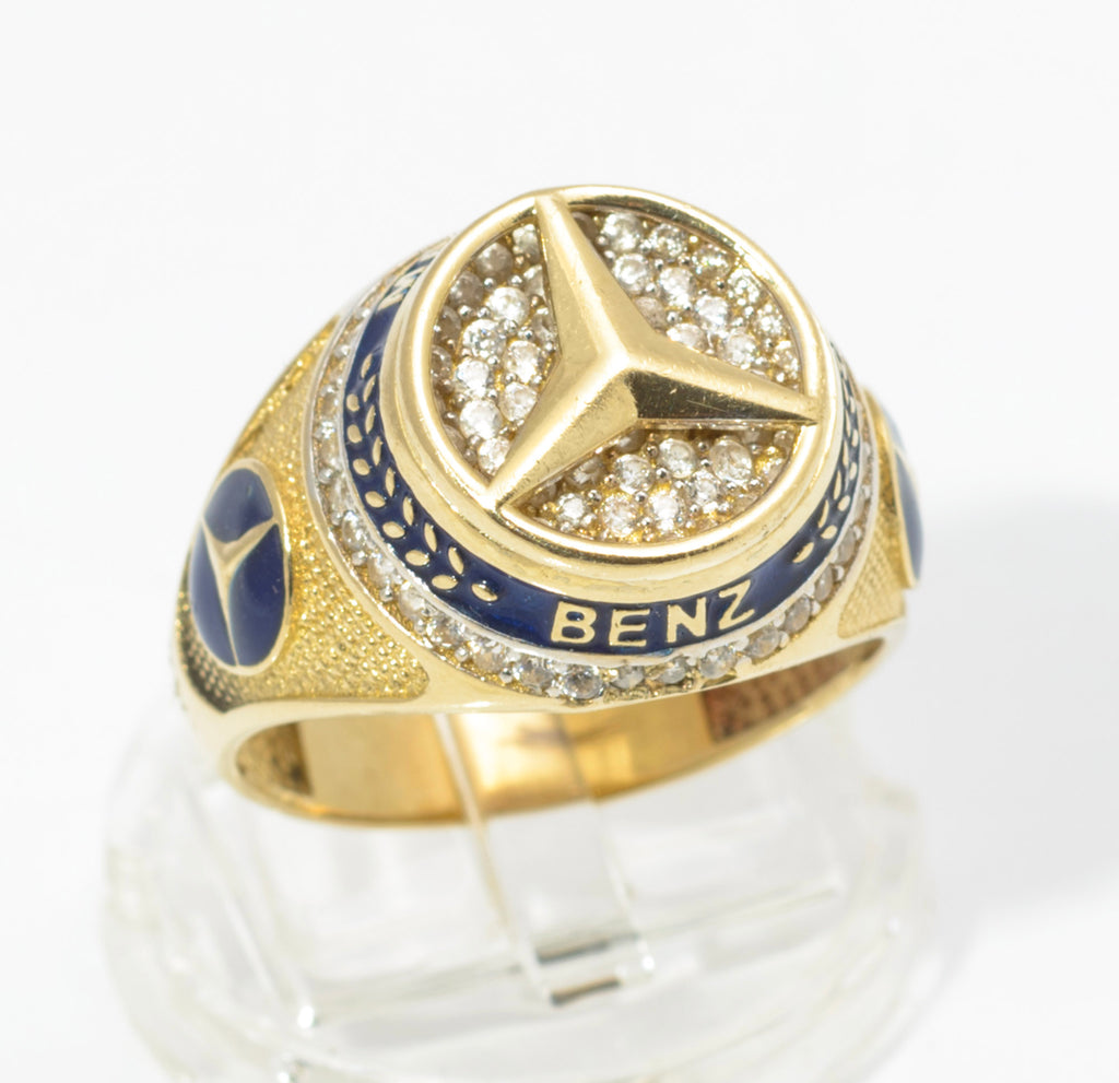 14ct Gold Mercedes-Benz Motorsport Ring - CZ & Blue Enamel - UK Size W - C2996