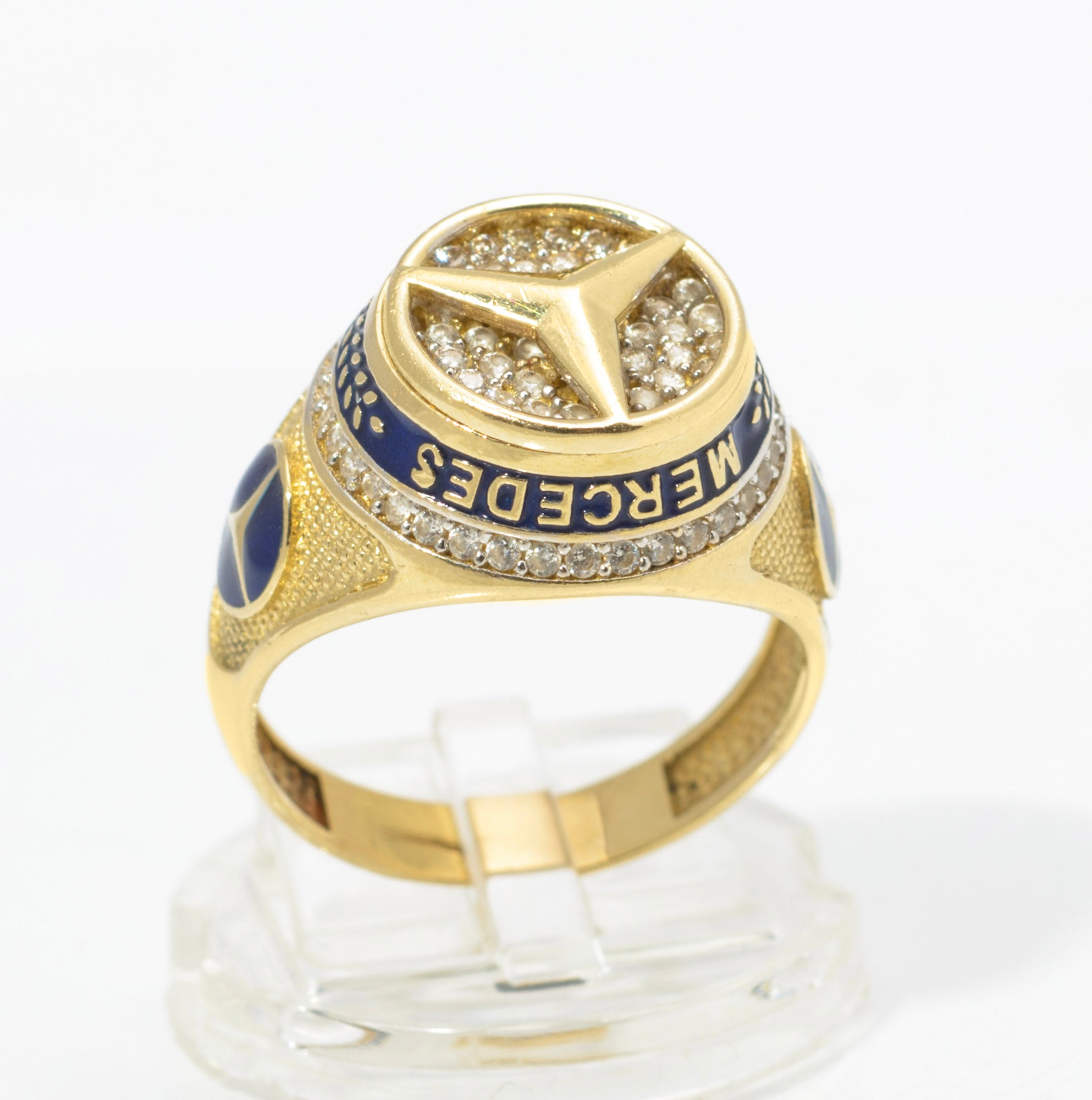 14ct Gold Mercedes-Benz Motorsport Ring - CZ & Blue Enamel - UK Size W - C2996