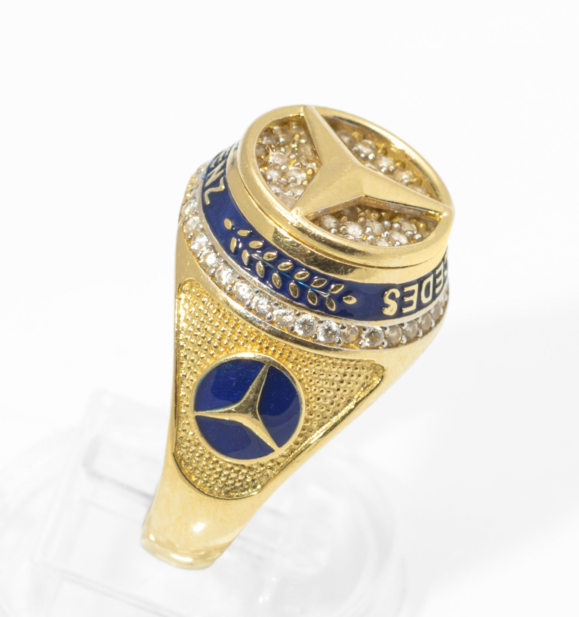 14ct Gold Mercedes-Benz Motorsport Ring - CZ & Blue Enamel - UK Size W - C2996