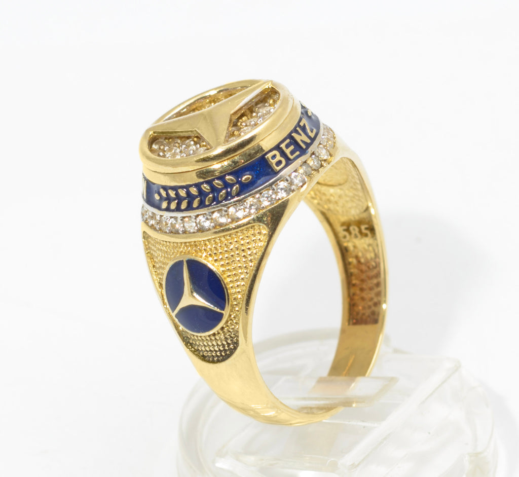 14ct Gold Mercedes-Benz Motorsport Ring - CZ & Blue Enamel - UK Size W - C2996