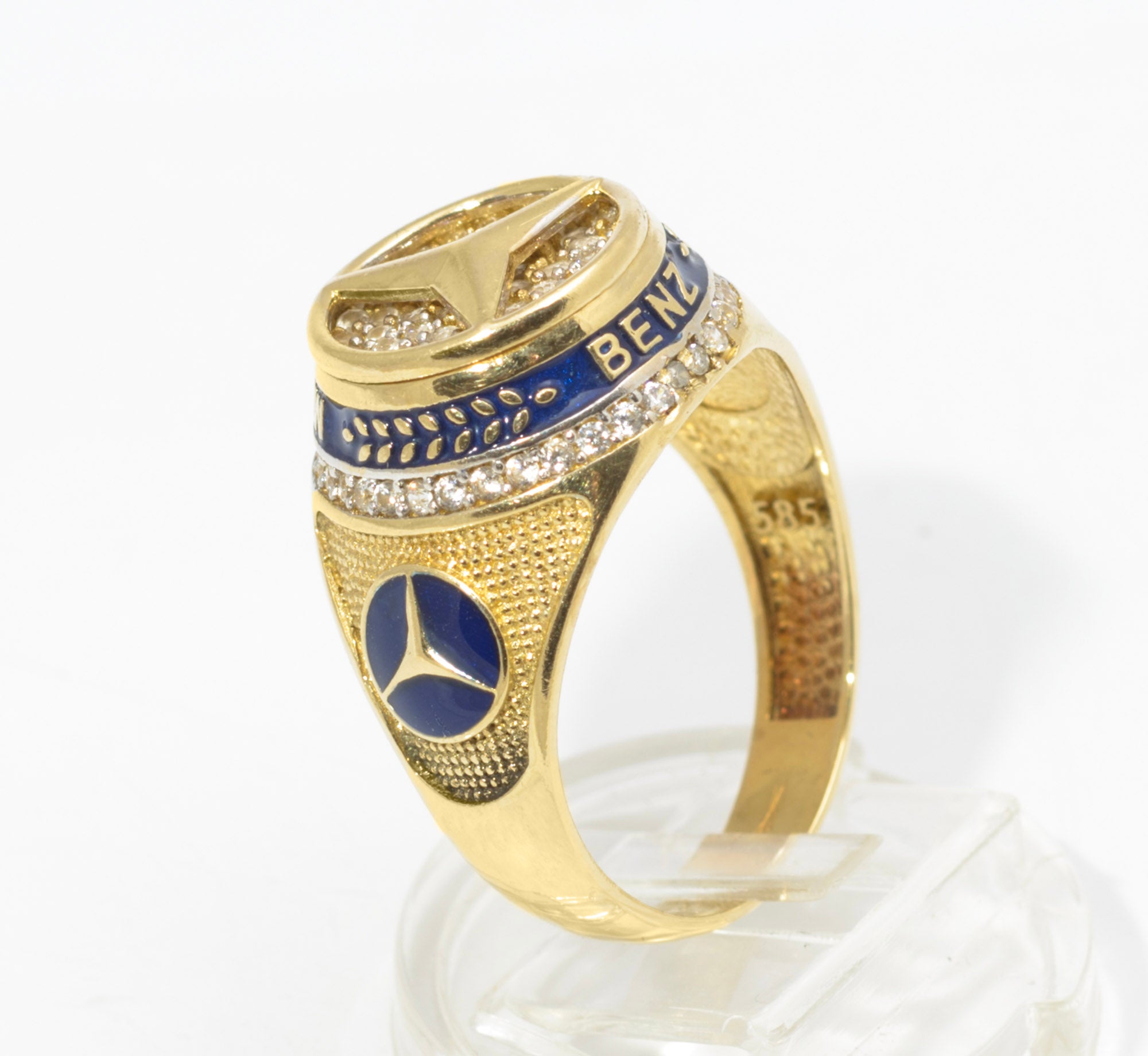 14ct Gold Mercedes-Benz Motorsport Ring - CZ & Blue Enamel - UK Size W - C2996