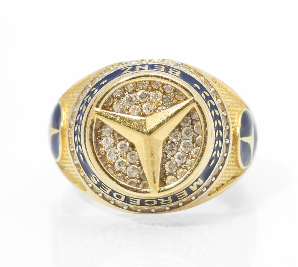 14ct gold Mercedes-Benz motorsport ring - top-down view showing full circular head with pave CZ star and MERCEDES BENZ enamel band