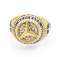 14ct gold Mercedes-Benz motorsport ring - front view showing pave CZ three-pointed star on circular head with blue enamel band reading MERCEDES BENZ and blue enamel star panels to shoulders