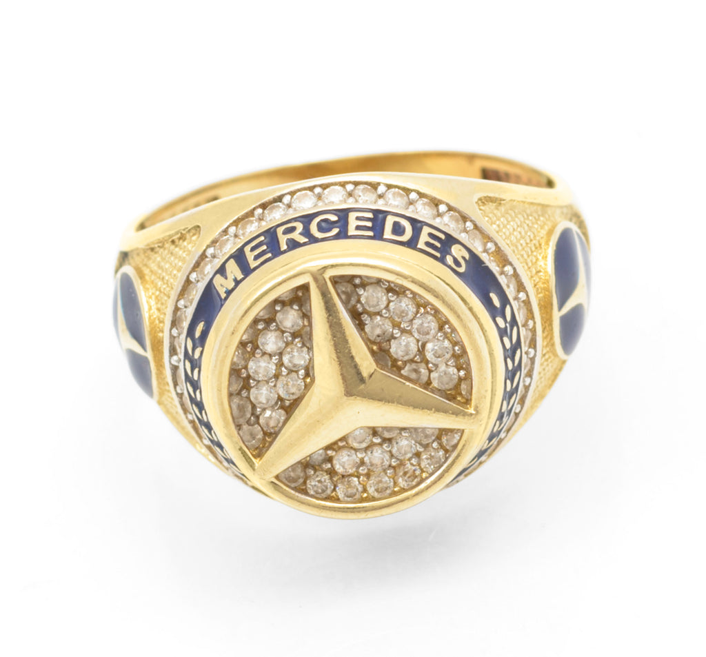 14ct Gold Mercedes-Benz Motorsport Ring - CZ & Blue Enamel - UK Size W - C2996