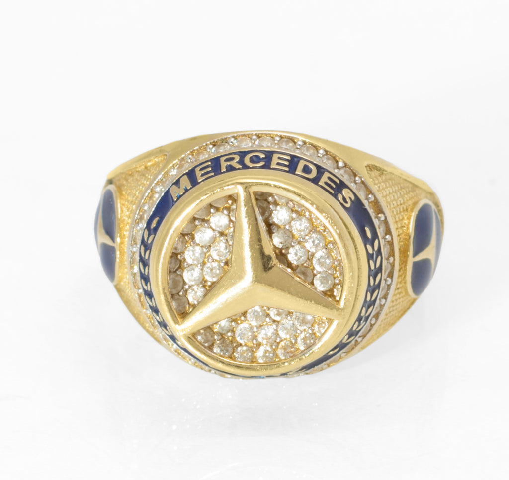 14ct Gold Mercedes-Benz Motorsport Ring - CZ & Blue Enamel - UK Size W - C2996