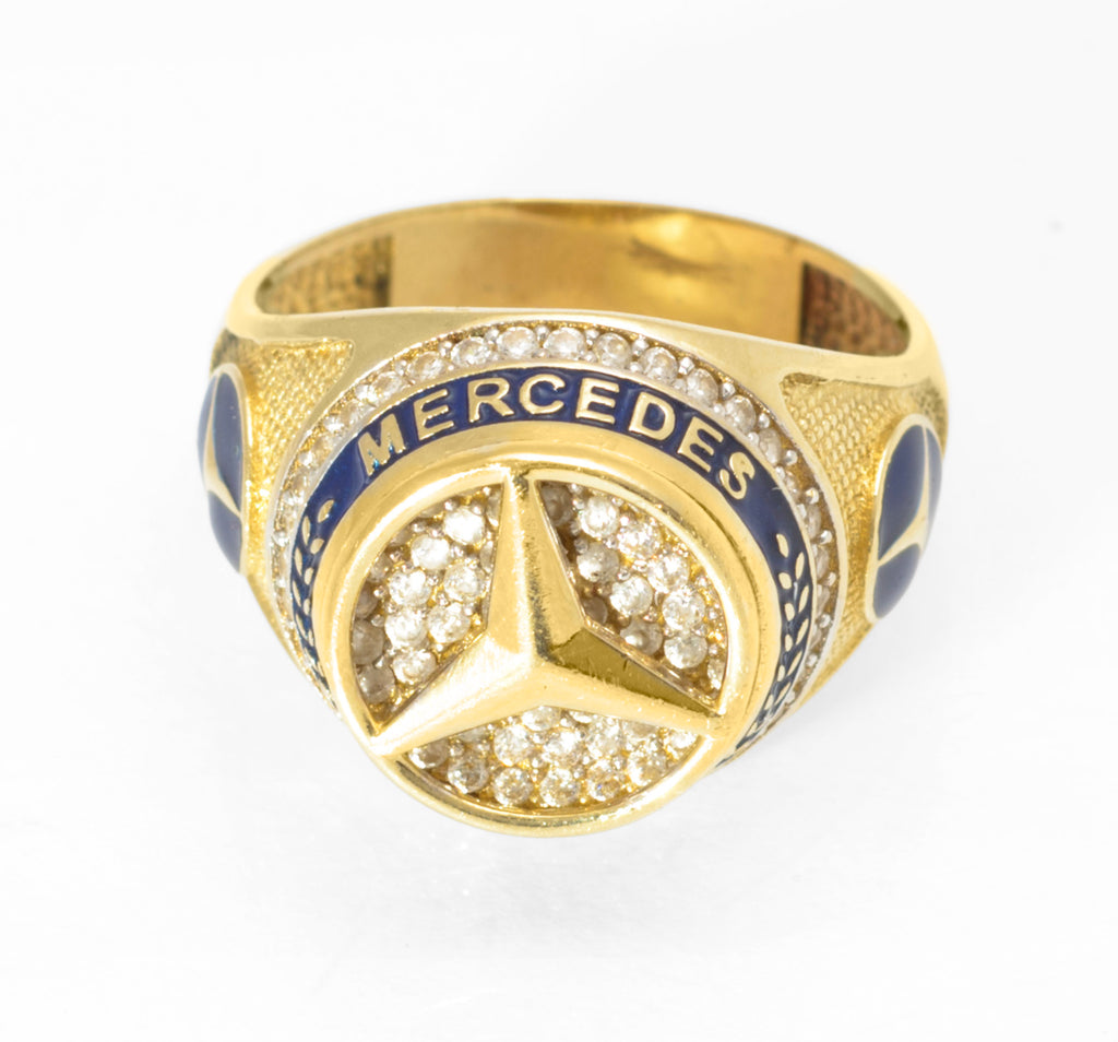 14ct Gold Mercedes-Benz Motorsport Ring - CZ & Blue Enamel - UK Size W - C2996
