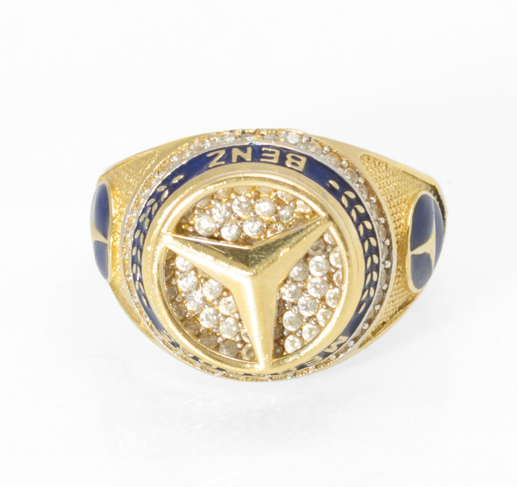 14ct Gold Mercedes-Benz Motorsport Ring - CZ & Blue Enamel - UK Size W - C2996