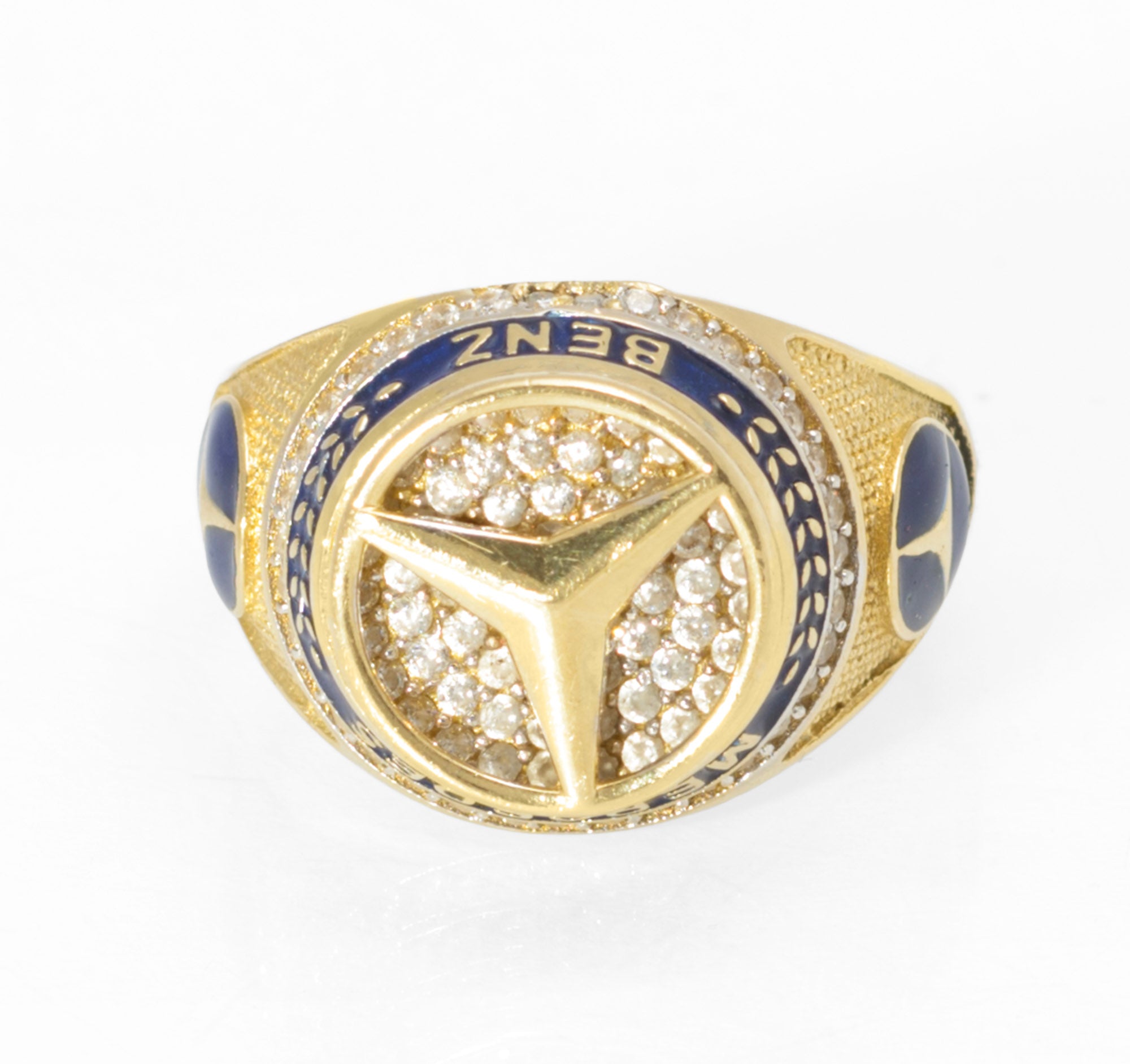 14ct Gold Mercedes-Benz Motorsport Ring - CZ & Blue Enamel - UK Size W - C2996