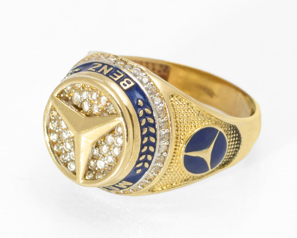 14ct gold Mercedes-Benz motorsport ring - angled top view showing CZ pave and enamel band detail