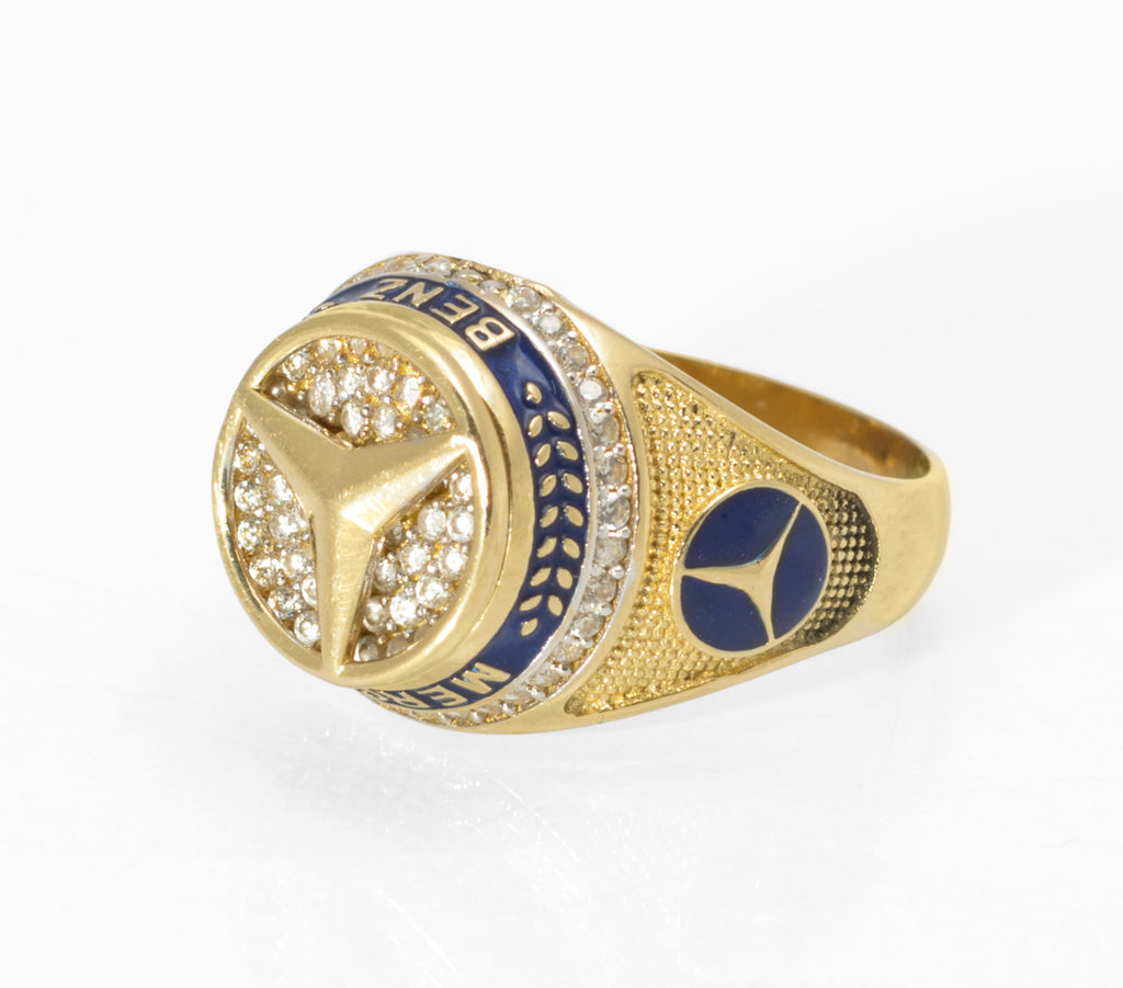 14ct Gold Mercedes-Benz Motorsport Ring - CZ & Blue Enamel - UK Size W - C2996