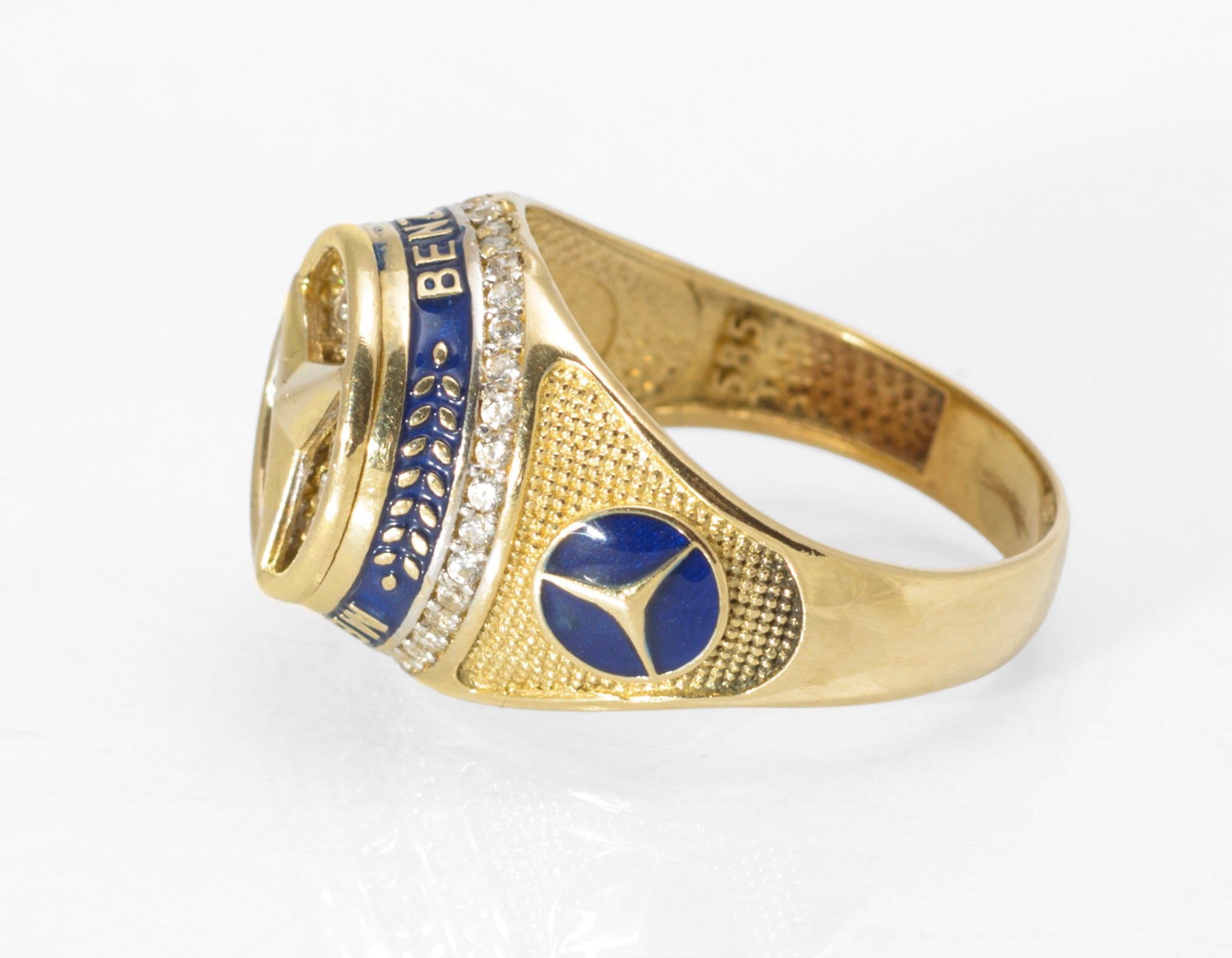 14ct Gold Mercedes-Benz Motorsport Ring - CZ & Blue Enamel - UK Size W - C2996