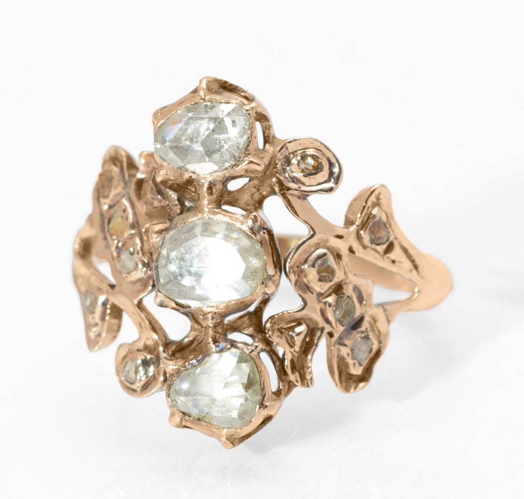 Georgian gold and diamond cluster ring - side view showing height of cluster head above chamfered gold band
